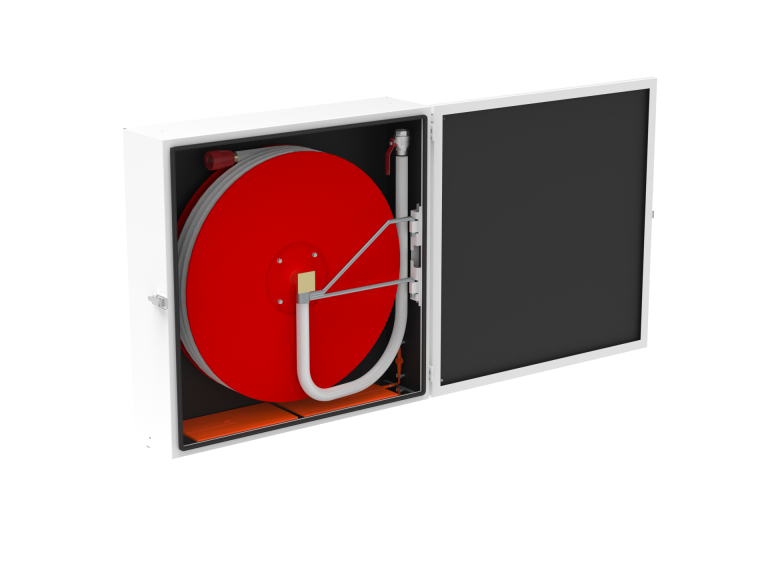 Einangraður og upphitaður brunaslönguskápur með brunaslönguhjóli
